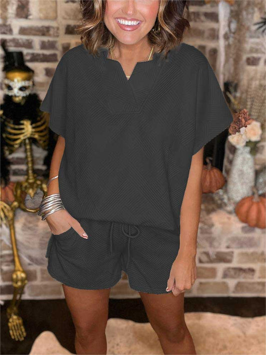 New Textured Collared Top and Short Set (Buy 2 Free Shipping)