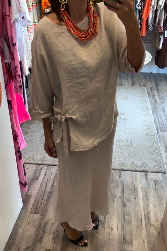 Women's casual round neck top cotton and linen skirt suit