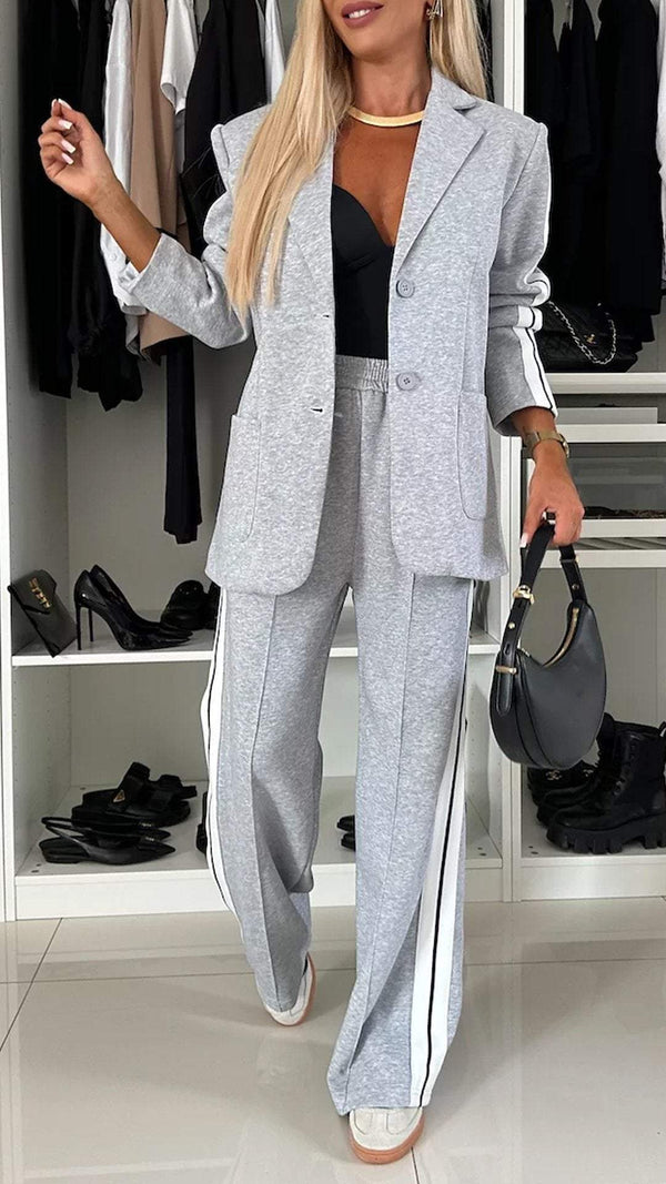 Sporty Patchwork Lapel Blazer and Elastic Waist Pocket Loose Pants Set
