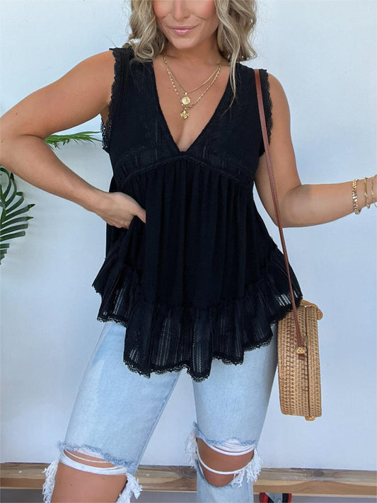 New V-neckline Sleeveless Flow Top with Lace Trim (Buy 2 Free Shipping)