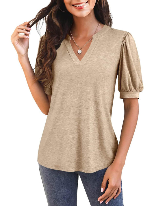 Women's V Neck Puff Sleeve Basic T-shirt (Buy 3 Free Shipping)