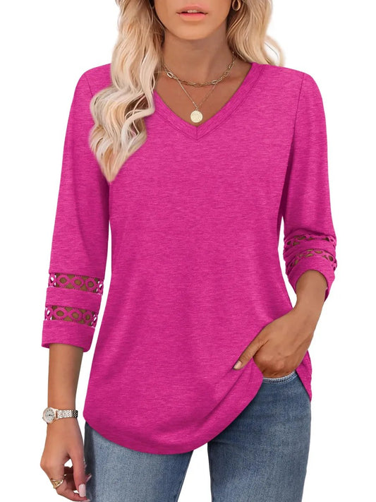 2025 New Womens 3/4 Length Sleeve Tops Trendy V Neck T Shirts