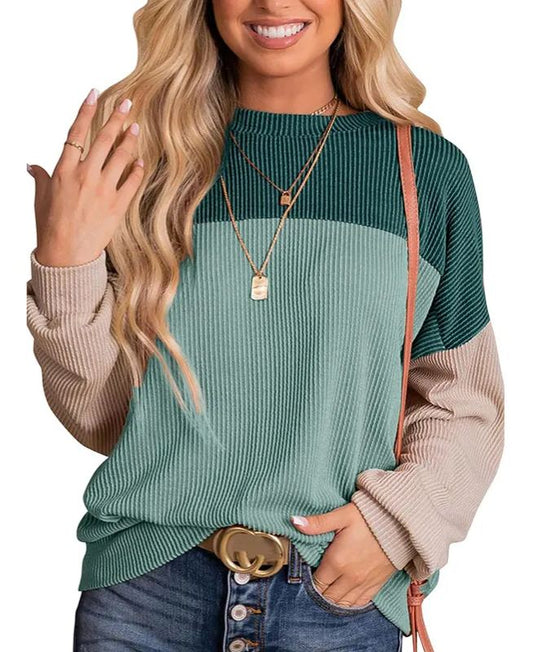 Women's Crewneck Color Block Ribbed Tops (Buy 2 Free Shipping)
