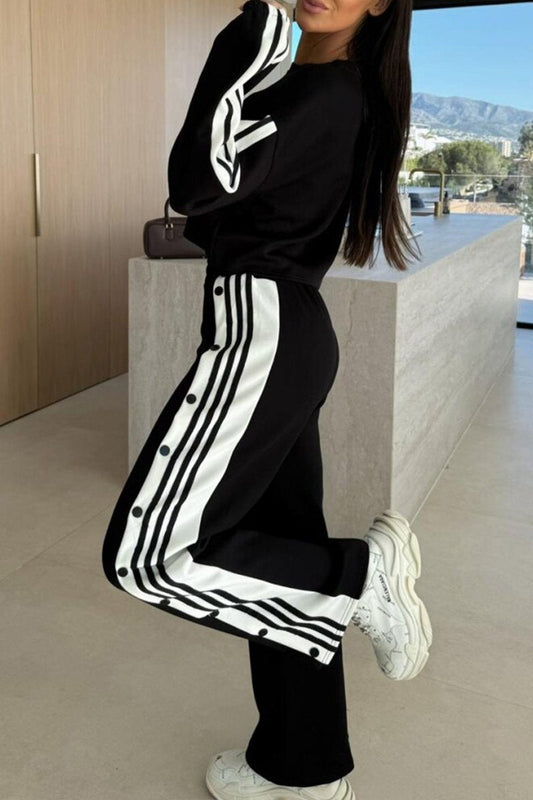 Women's Round Neck Side Button Stitching Casual Suit